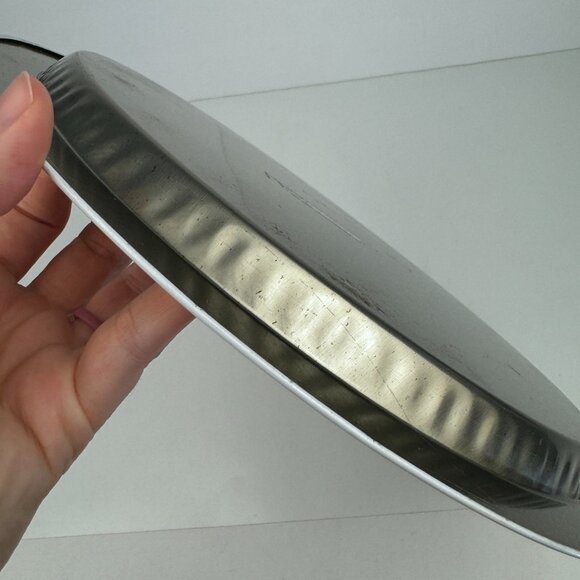 Vtg Round Metal Tin Tray Joy Printed Cross Stitch Design Teddy Bear SNP Chicago - Picture 12 of 13